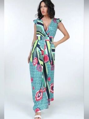 Floral Stripe V-Neck Jumpsuit in Green, Navy & Pink